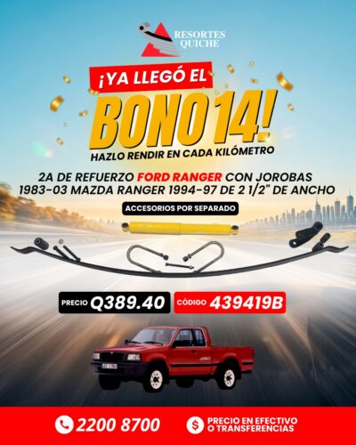 2a DE REFUERZO FORD RANGER CON JOROBAS 1983-03 MAZDA RANGER 1994-97 DE 2 1/2" DE ANCHO