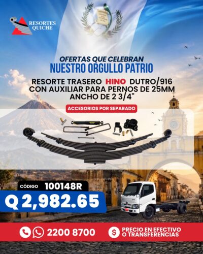 RESORTE TRASERO HINO DUTRO/916 CON AUXILIAR PARA PERNOS DE 25mm ANCHO DE 2 3/4"